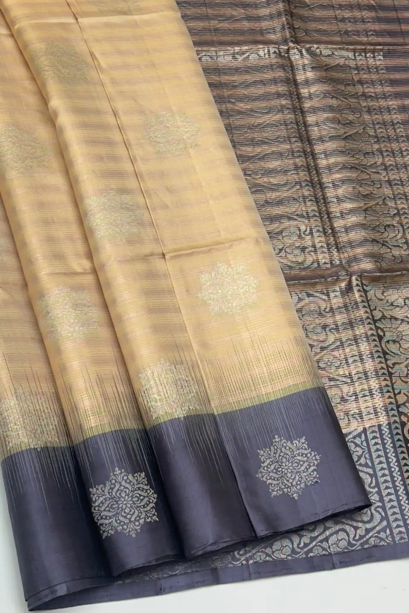 Kanchi Handloom Stripes and Woven Buttas Saree
